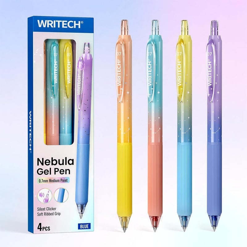 WRITECH Gel Pens Fine Point: Blue Ink 0.7mm Retractable 4ct Smooth Writing with Aesthetic Gradient Color Barrel for Journaling Note Taking Silent Click No Smear Nebula Pen Set - Image 1